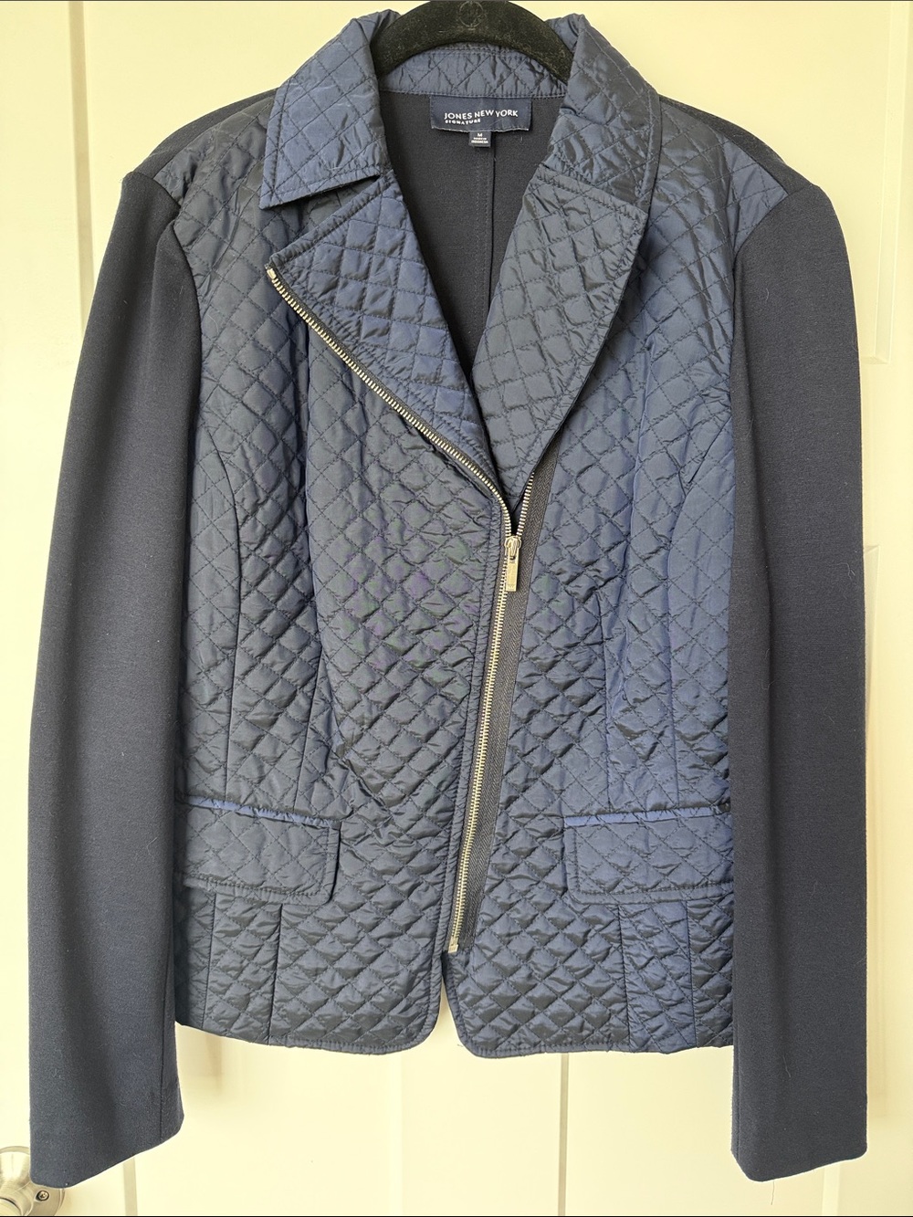 Jones New York Quilted Navy Asymmetric Zip Jacket Size M